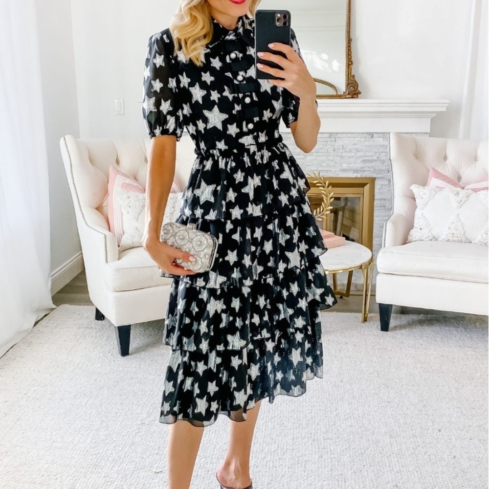 Halogen x Atlantic-Pacific Metallic Star Chiffon Tiered Midi Dress Black 14